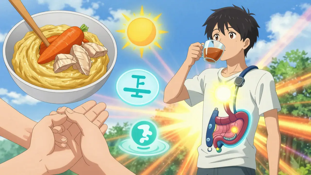 Person blending food with glowing medical device, symbols of recovery around them