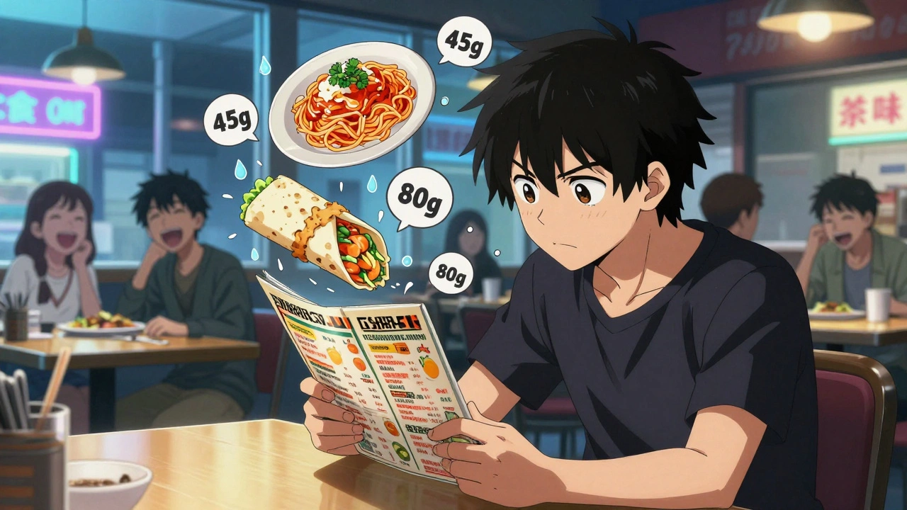 Person calculating carbs at a restaurant, animated nutrition facts hovering over menu items.