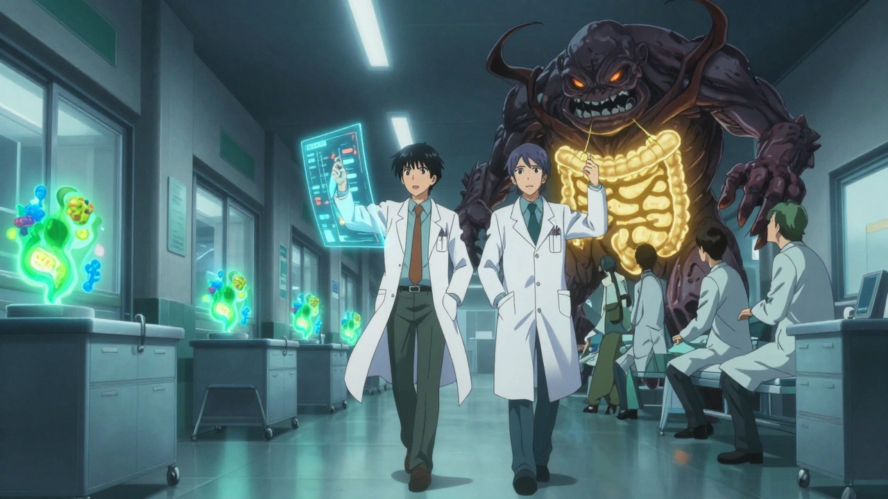 Pharmacist and doctor reviewing holographic antibiotic data at night, C. diff monster shrinking as golden light shines.