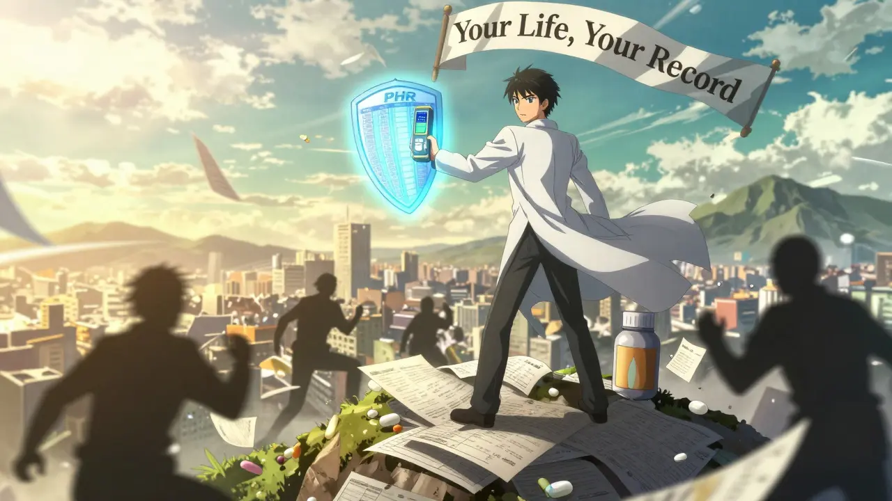 Pharmacist atop pile of paper records, projecting protective data shield over city as wrong meds crumble below.