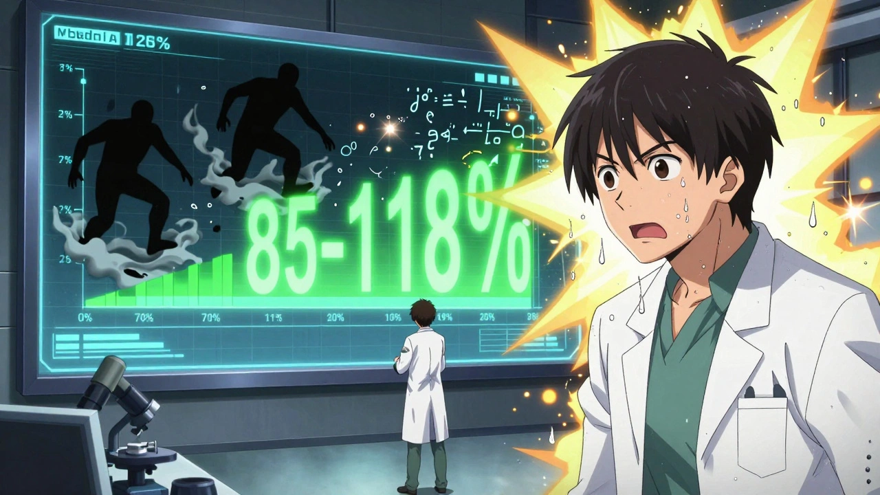 Scientist watching a 90% confidence interval bar turn green as failed generics vanish in a lab battle scene.