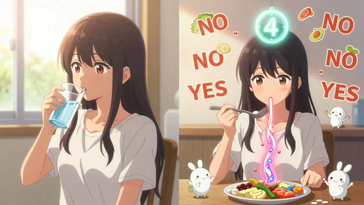 Split-panel daily schedule: morning thyroid med with sunlight, evening calcium with no dairy, timer counting down.