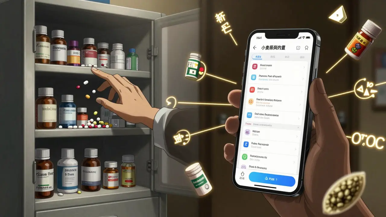 Split scene: medicine cabinet spilling pills and iPhone syncing with pharmacy network across Canada.