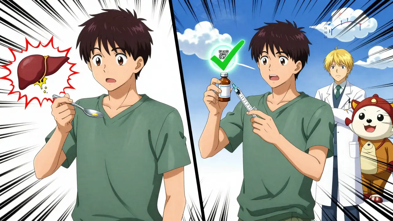 Split-screen: wrong dose causing danger vs. correct dose with safety symbols.