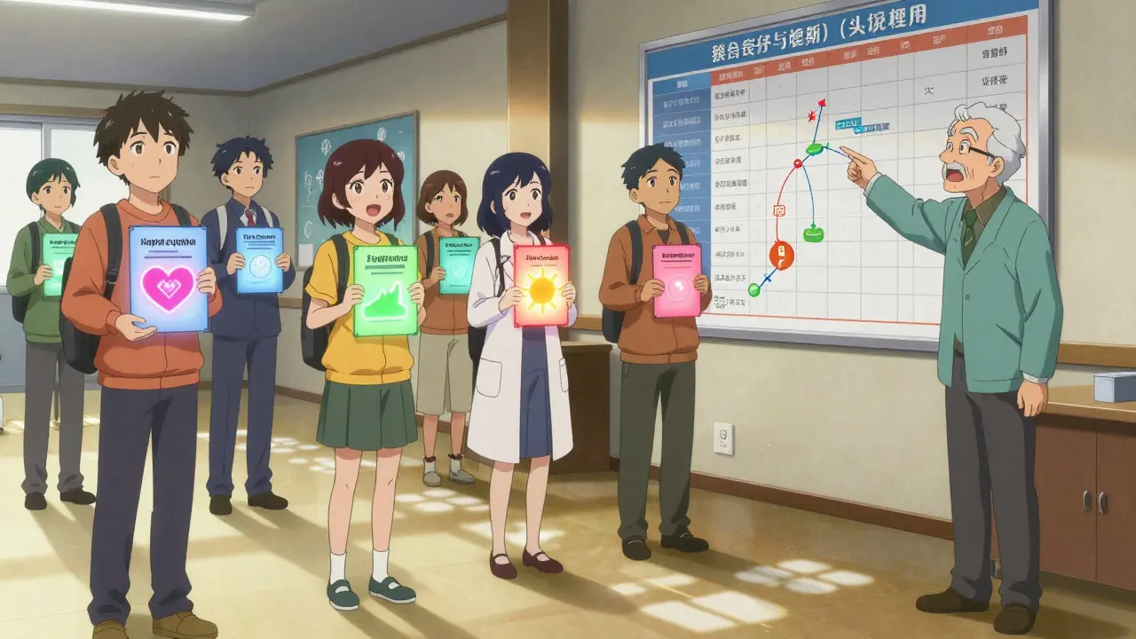 Survivors gather around a mentor, each holding personalized care plans with glowing symbols.