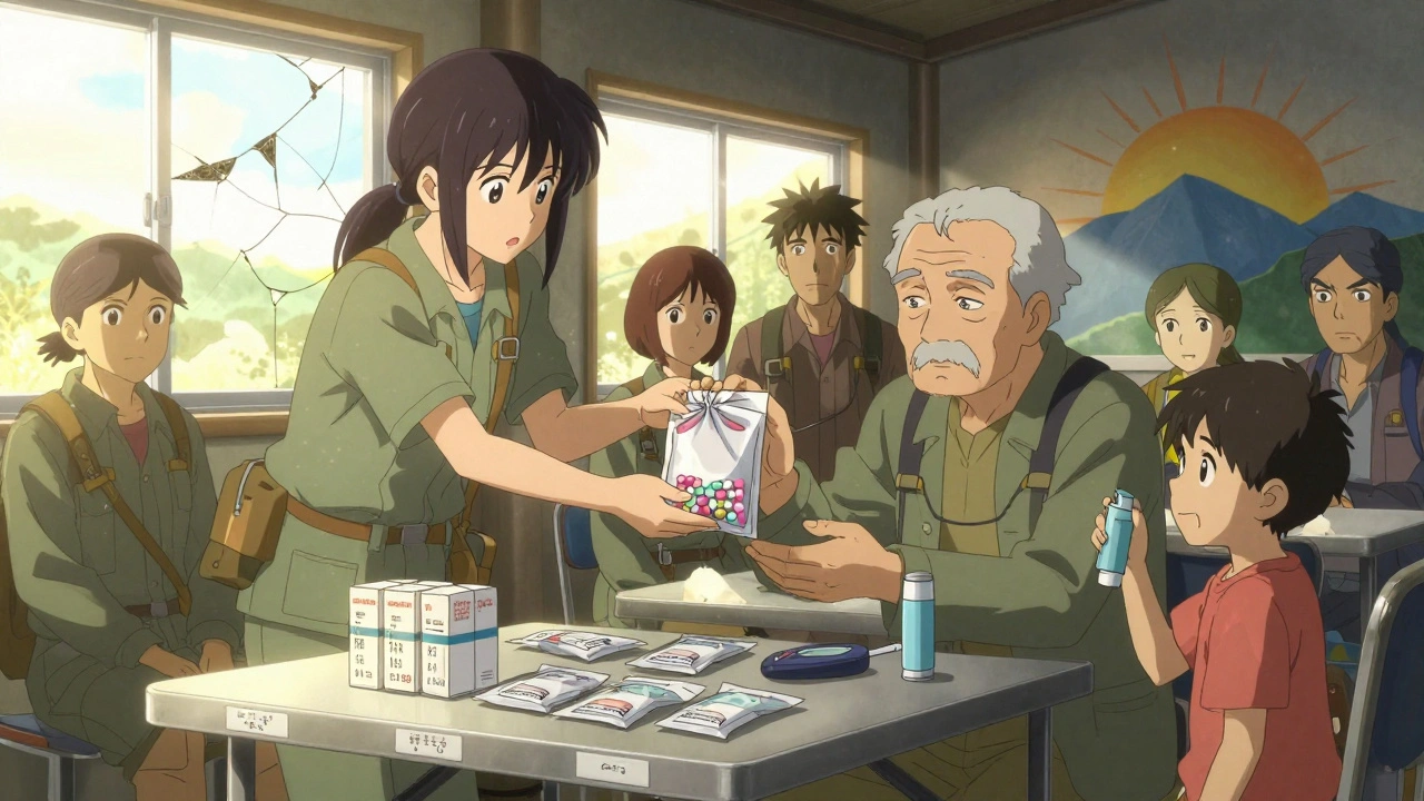 Survivors organize medications by expiration date in an evacuation center under warm sunlight.
