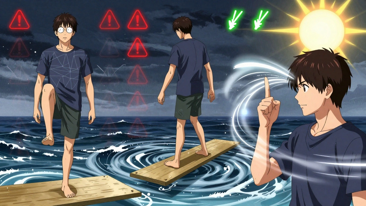 Three people practicing balance exercises, with light trails showing progress from dizziness to stability.