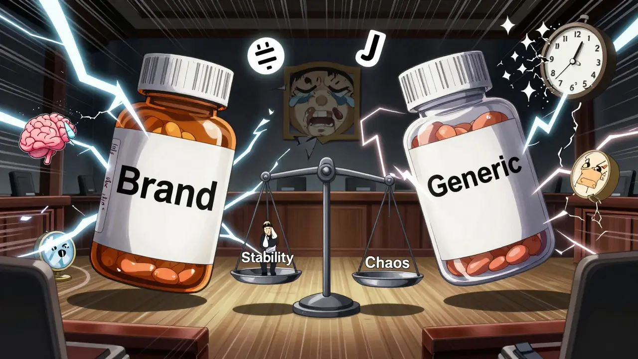 Two giant pill bottles battling in a mental landscape, with a tiny figure caught between stability and chaos.