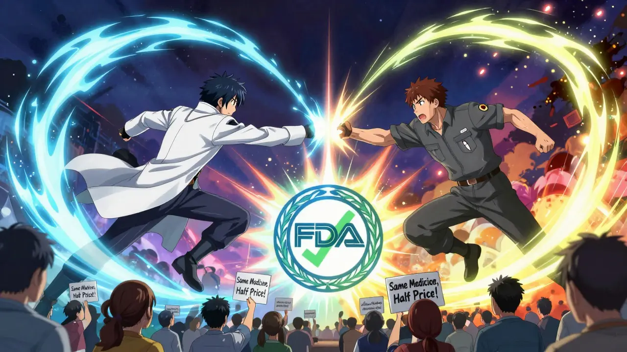 Two warrior figures clash in mid-air, unleashing identical energy waves shaped like drug absorption curves.