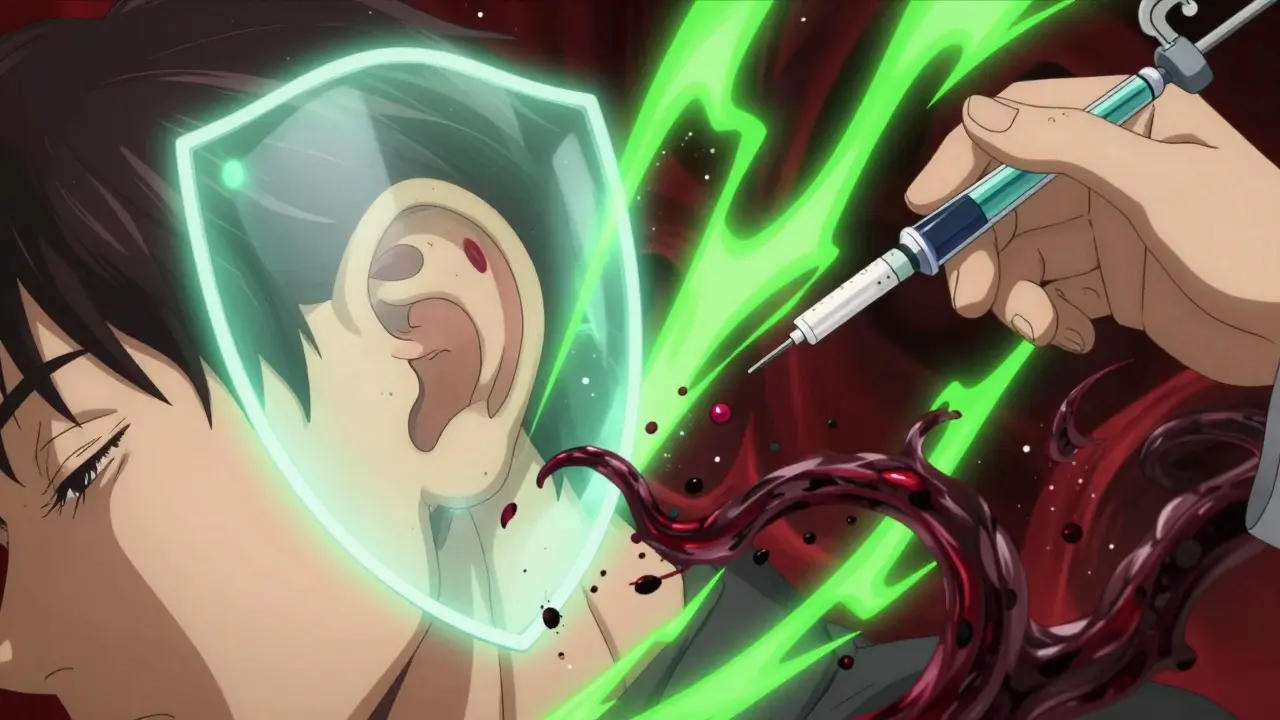 A doctor administers a protective drug as a glowing shield defends the inner ear from toxic chemotherapy tendrils.