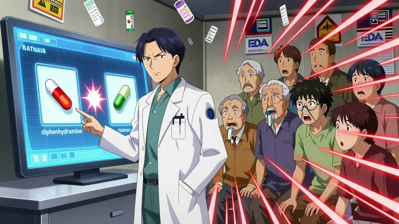 A doctor points at a warning screen showing dangerous drug interaction while patients react in shock.