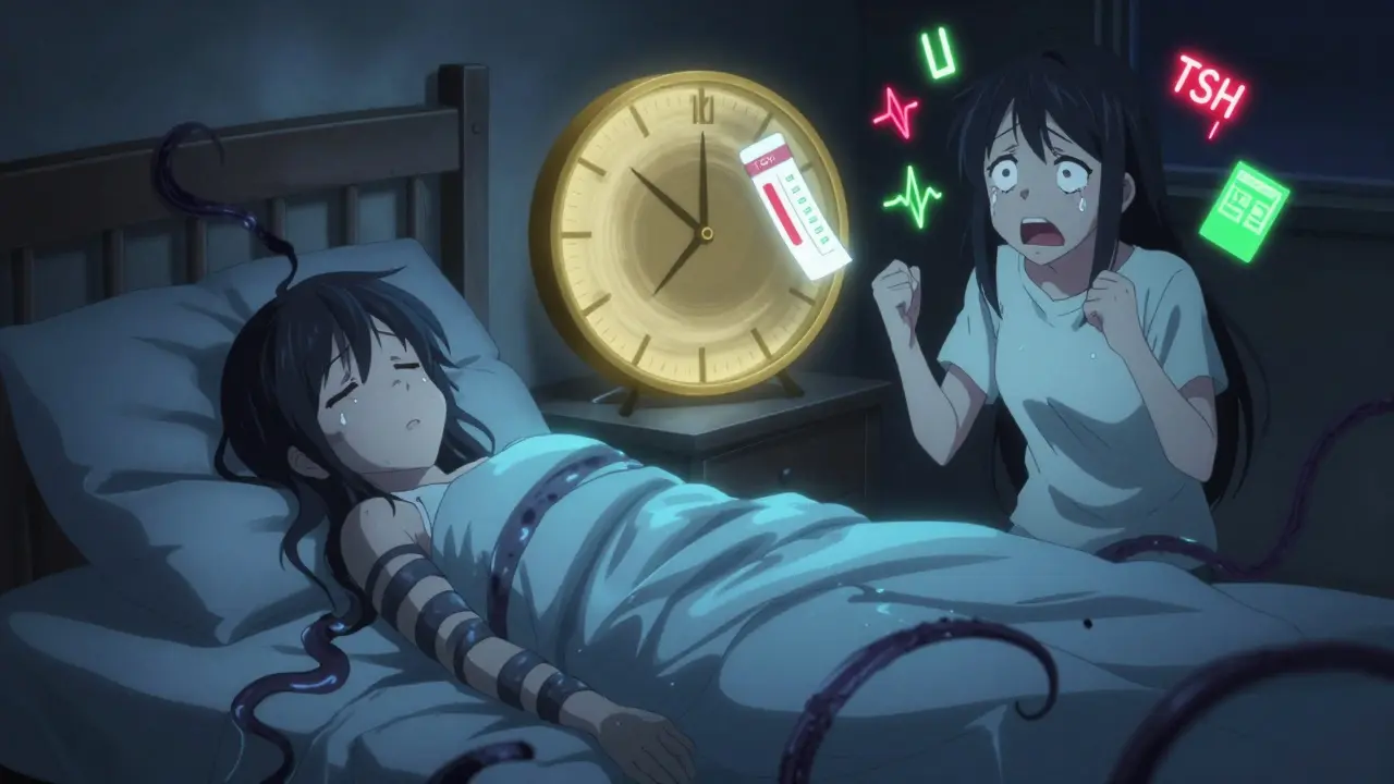 A girl at night with dual energy auras representing hypothyroidism and hyperthyroidism, surrounded by symbolic health indicators.