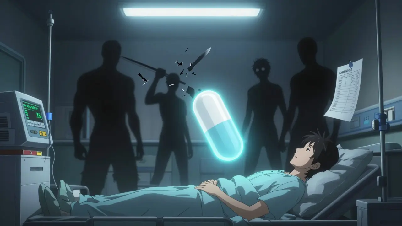 A glowing apixaban pill above a dialysis machine, with other blood thinners shattered in shadows.