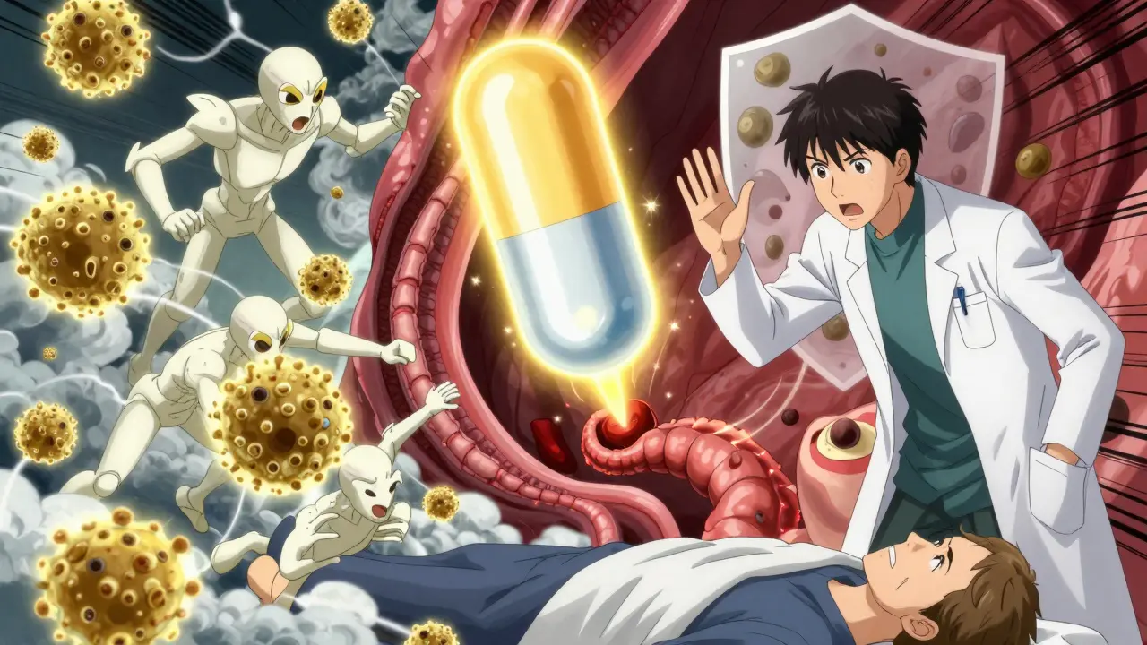 A glowing FMT capsule entering a colon as healthy bacteria fight off monstrous C. diff spores in a dramatic anime battle.