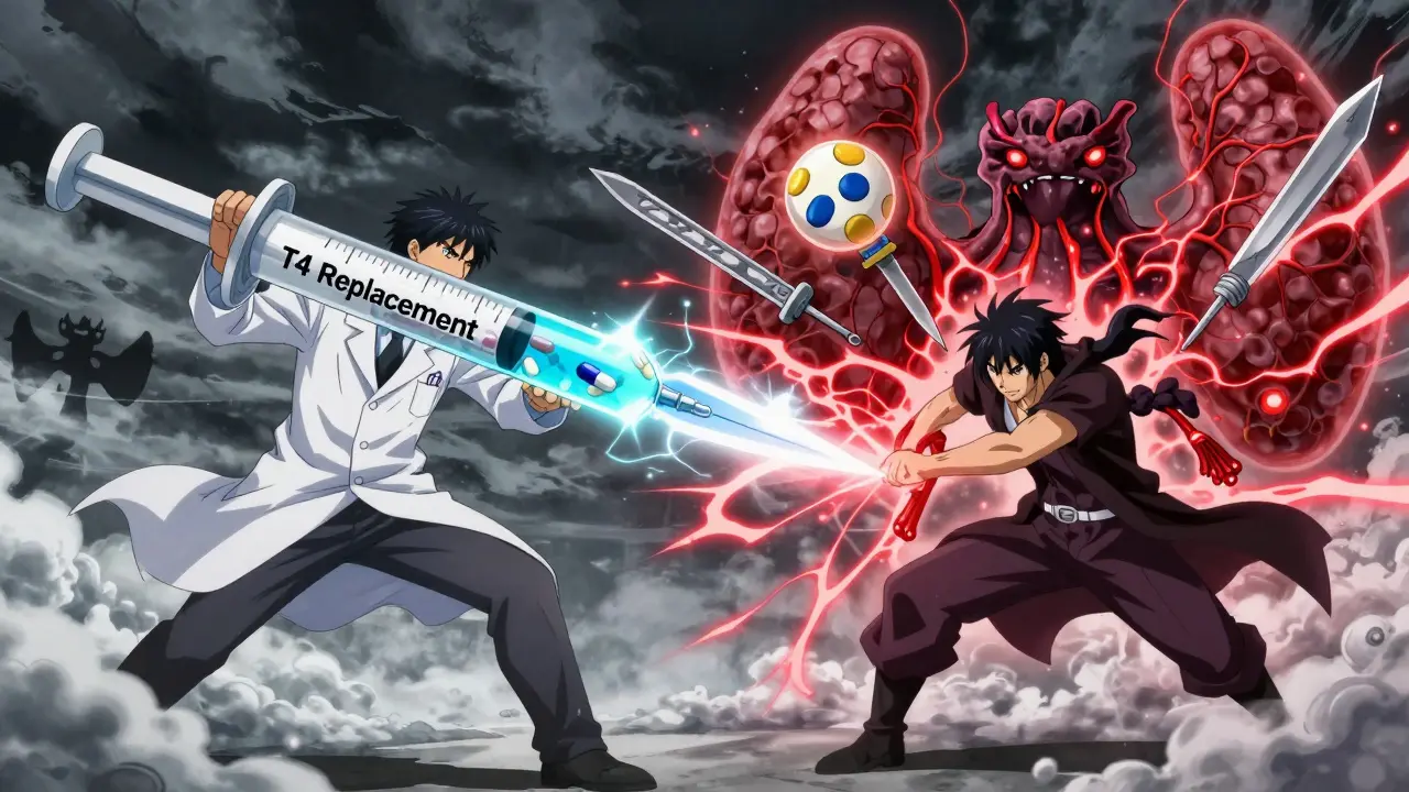 A heroic figure battles a monstrous thyroid with medical weapons in a dynamic shounen anime battle scene.
