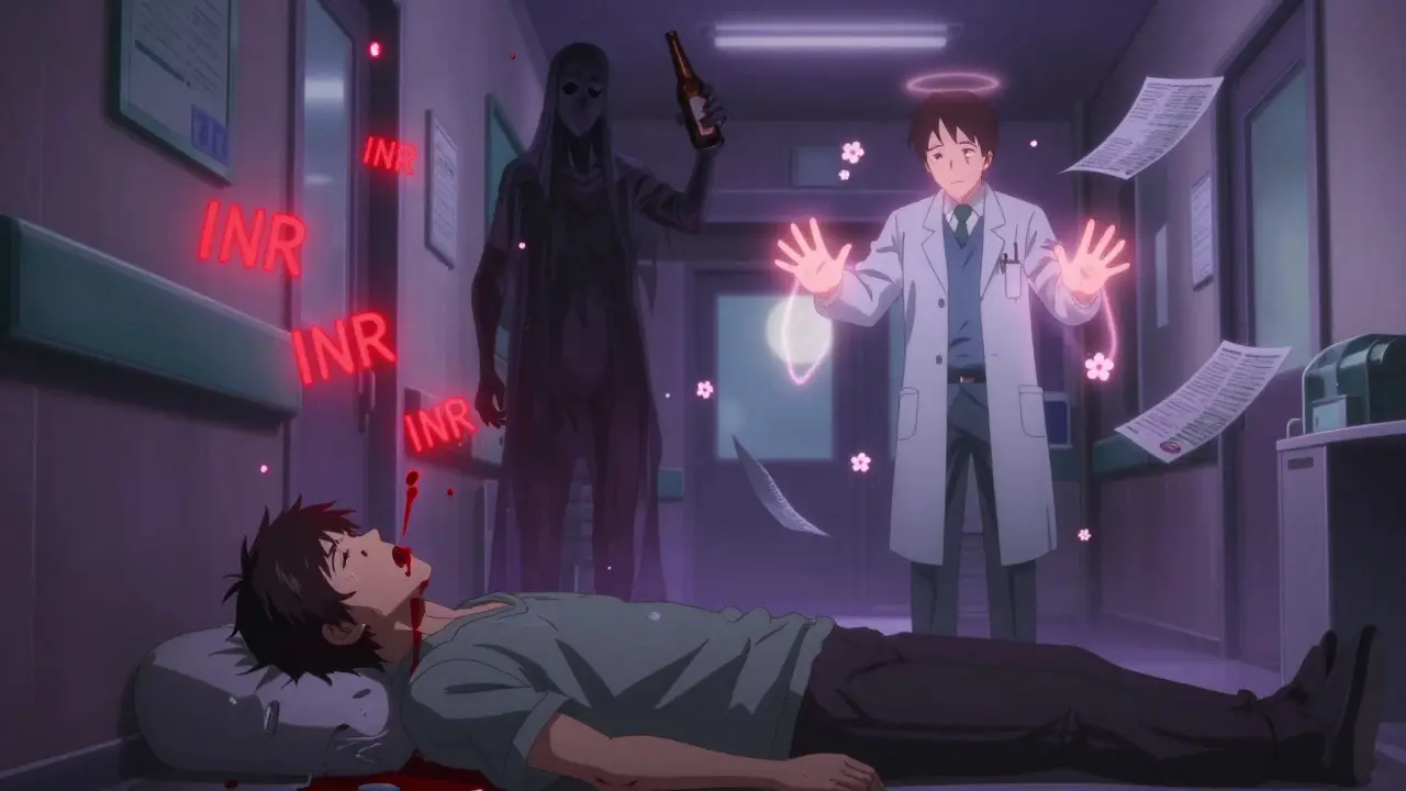 A patient collapsing in a hospital as glowing INR numbers fall around them, with medical staff reaching out.