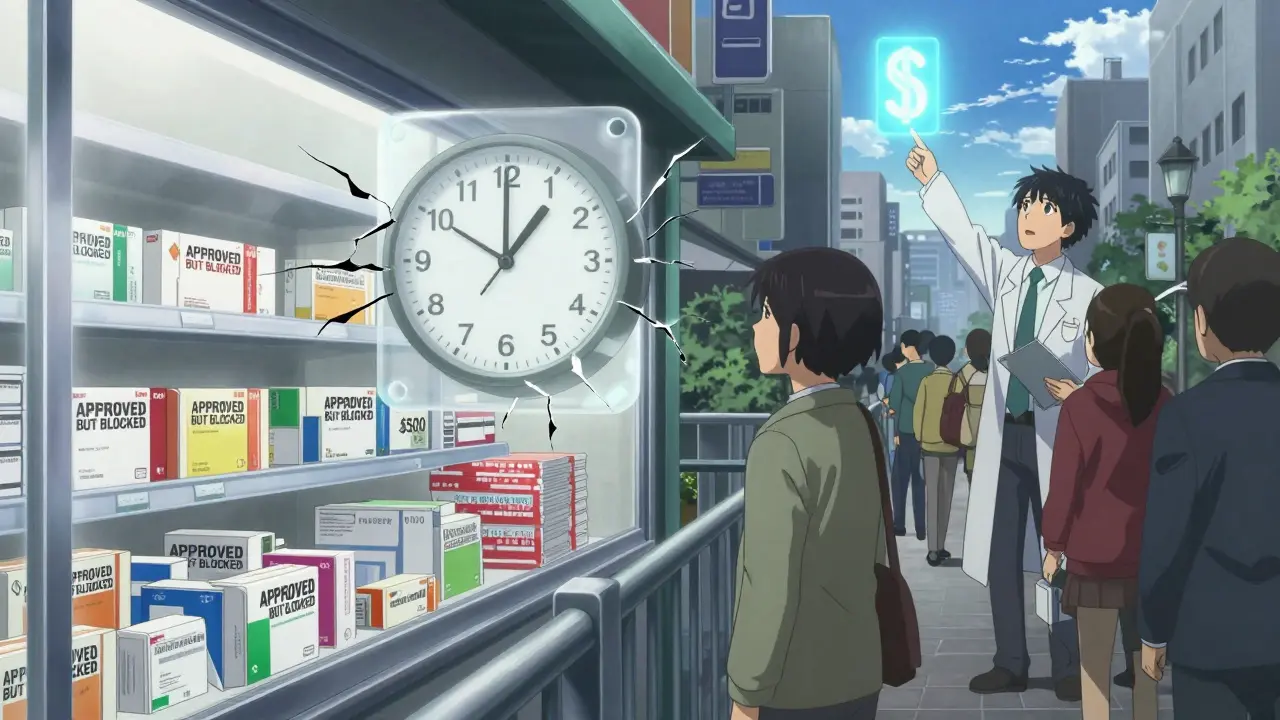 A patient watches approved generic drugs remain locked away behind a glowing 180-day exclusivity clock.