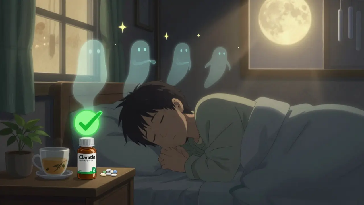 A person sleeps safely with non-sedating allergy meds and tea, while dangerous drug ghosts fade away.
