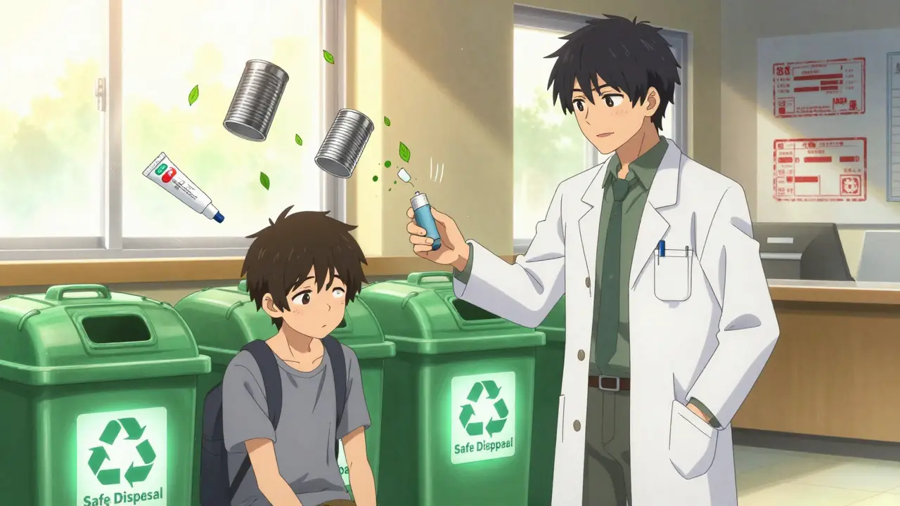 A pharmacist giving a replacement inhaler to a teen at a safe disposal center.