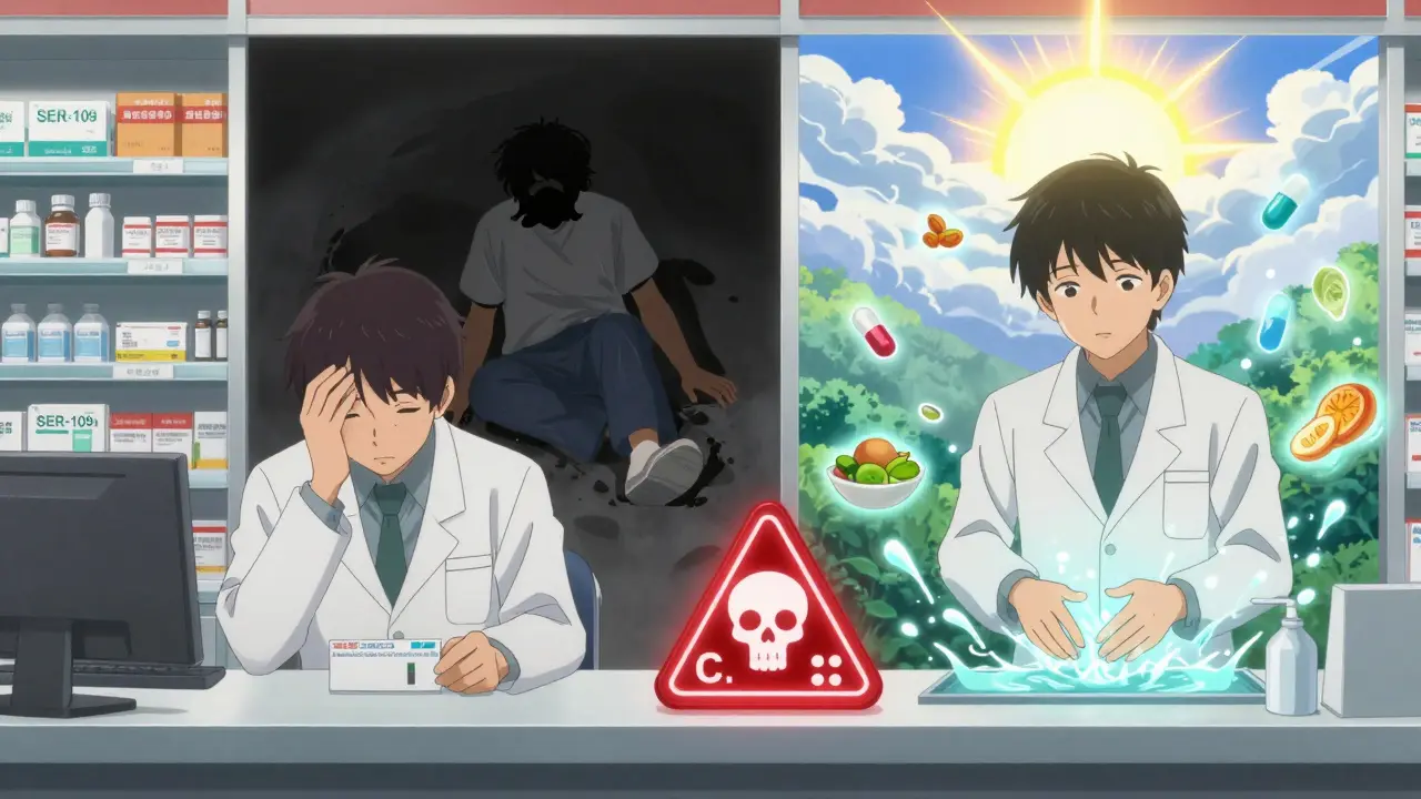 A pharmacist refusing an unnecessary antibiotic prescription, showing two paths: one leading to illness, the other to health.