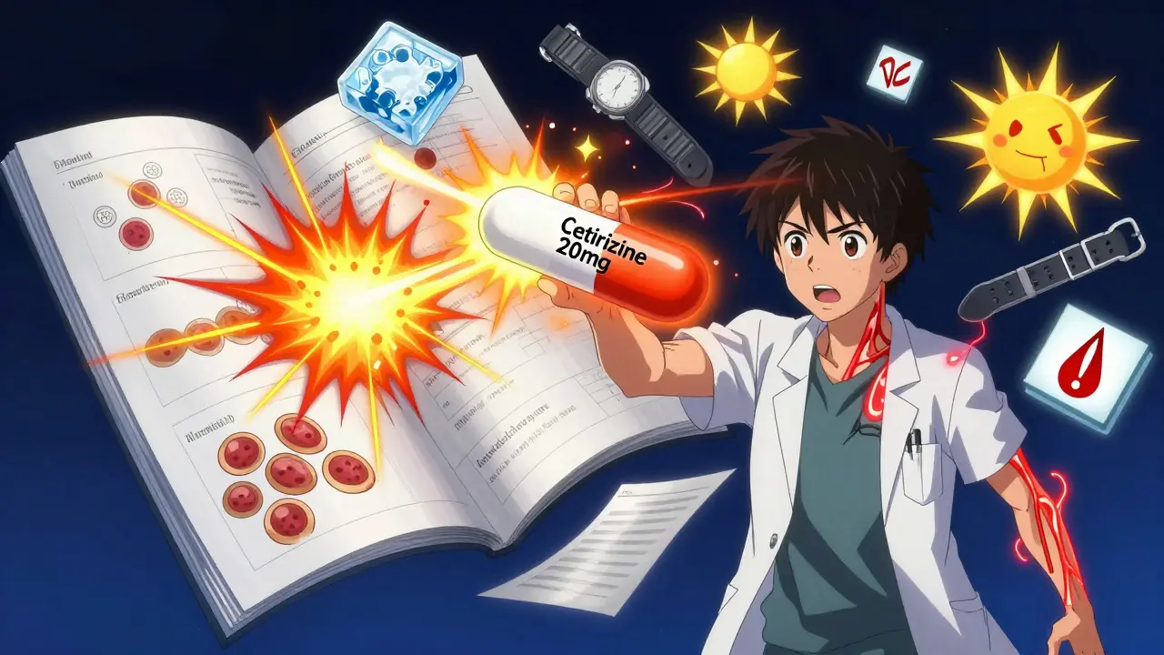 A teen holding a glowing high-dose antihistamine pill as mast cells explode with histamine in a floating medical journal.