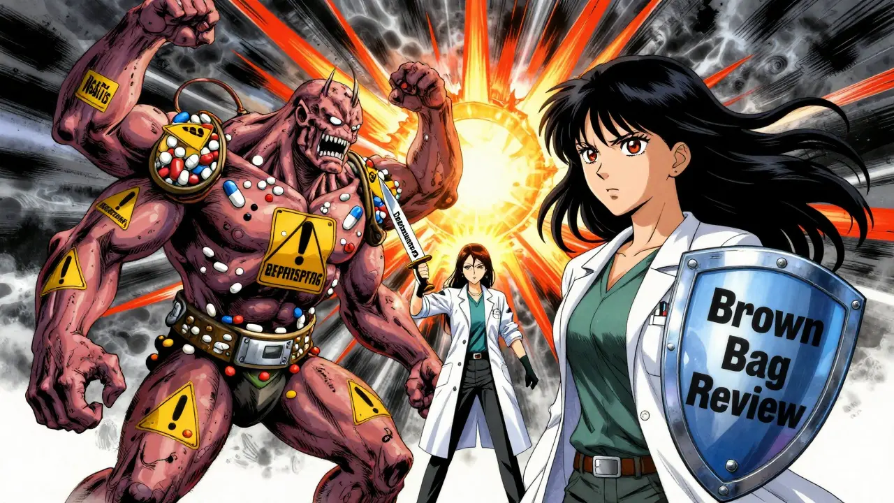 A woman in her mind battles a pill monster with a deprescribing warrior, symbolizing medication safety.