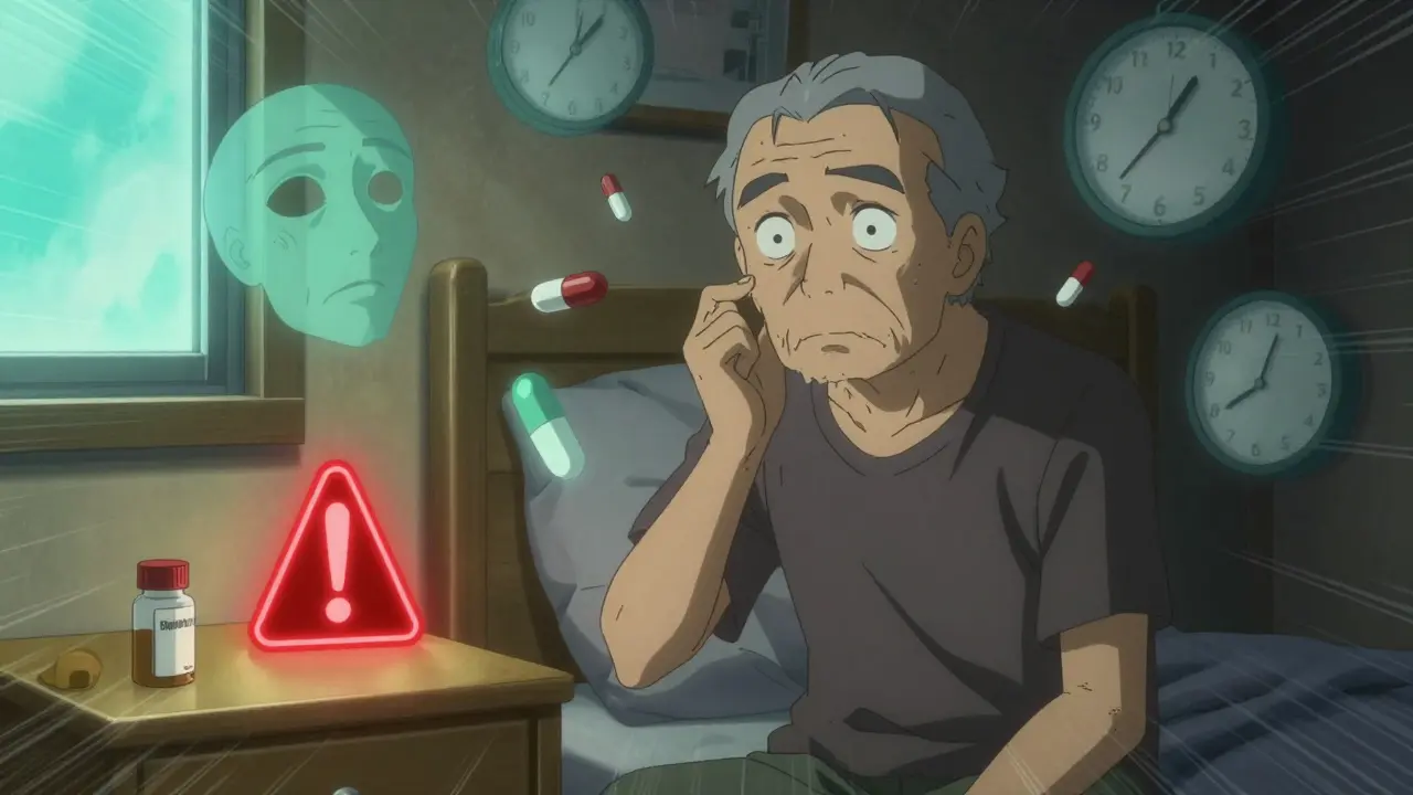 An elderly man surrounded by hallucinations, confused and afraid beside an empty sleep aid bottle.