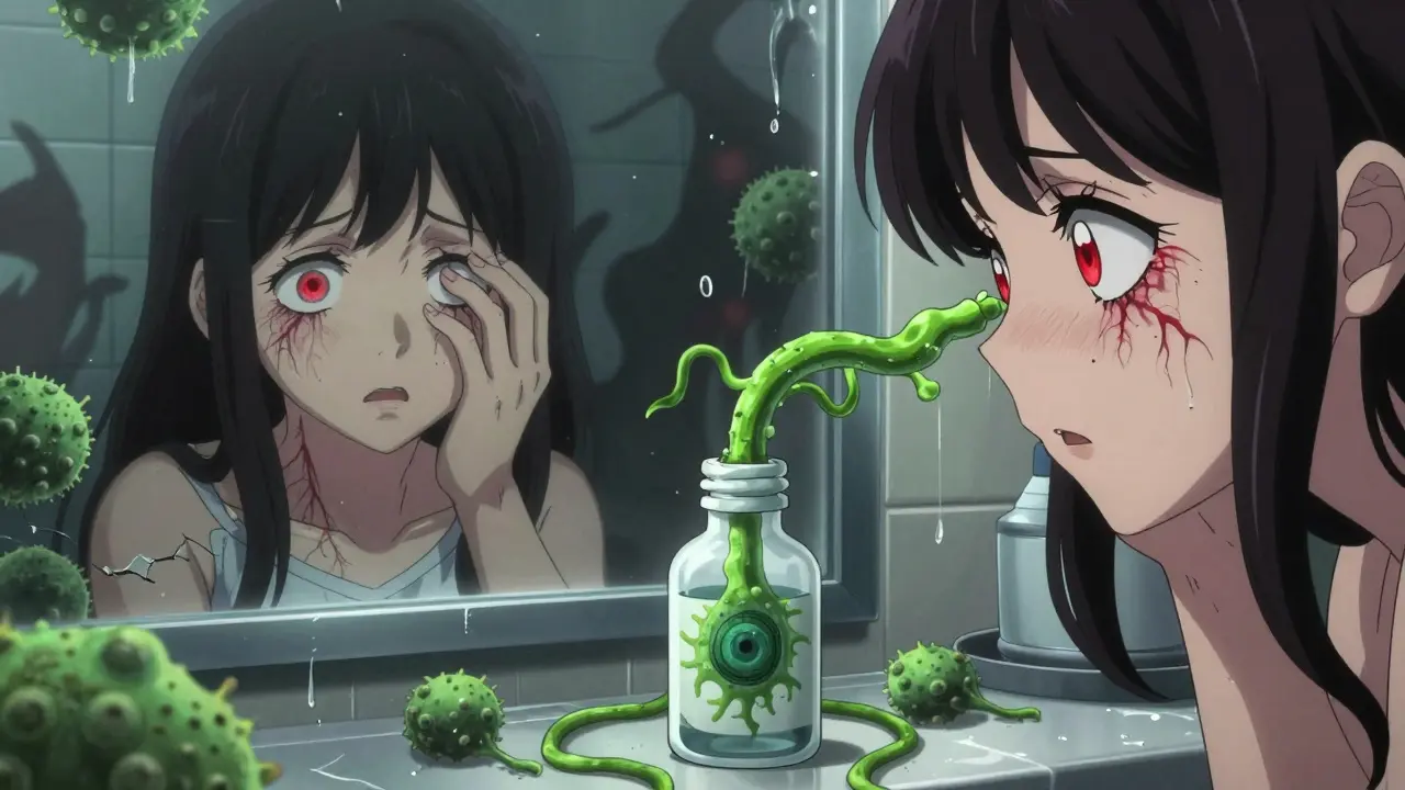 Contaminated eye drops with glowing bacteria spreading toward a girl's eye in a bathroom.