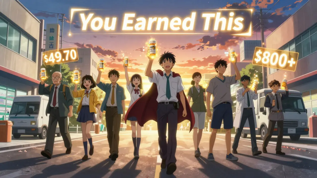 Diverse group holding glowing 90-day prescriptions, shadows becoming capes under golden savings numbers.