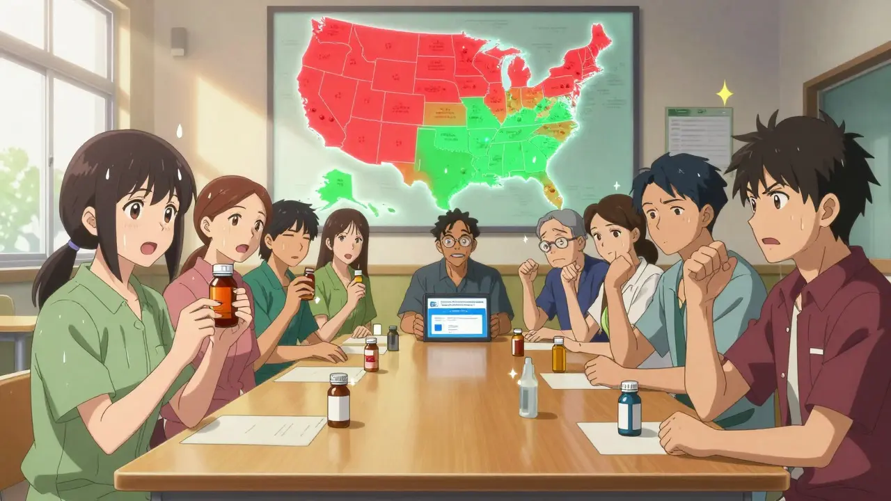Diverse patients gathered around a table with a glowing map showing pathways to affordable medication programs.