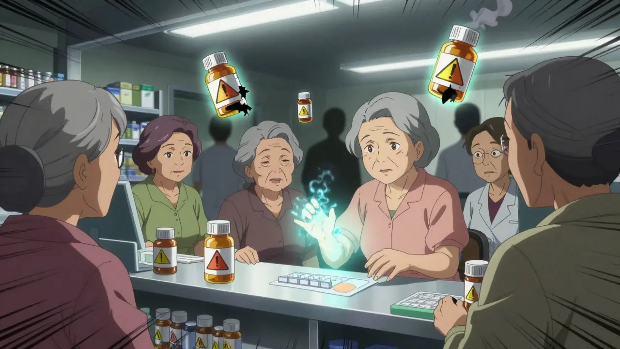 Elderly women at a pharmacy surrounded by dangerous floating prescriptions, one calmly placing a pill organizer.