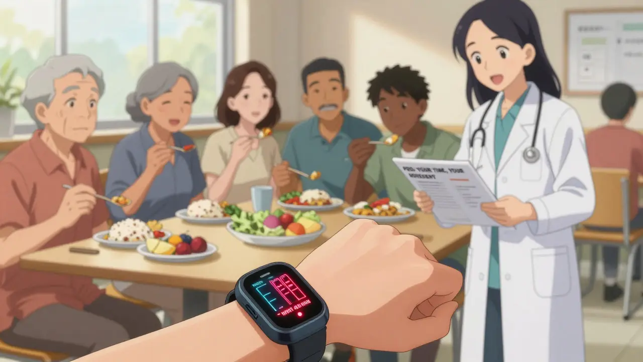 Futuristic wrist device alerts amino acid levels while diverse patients enjoy low-protein meals together.