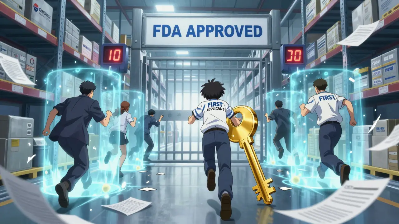 Generic drug companies race to unlock FDA-approved drugs, but only the first can proceed while others are blocked.