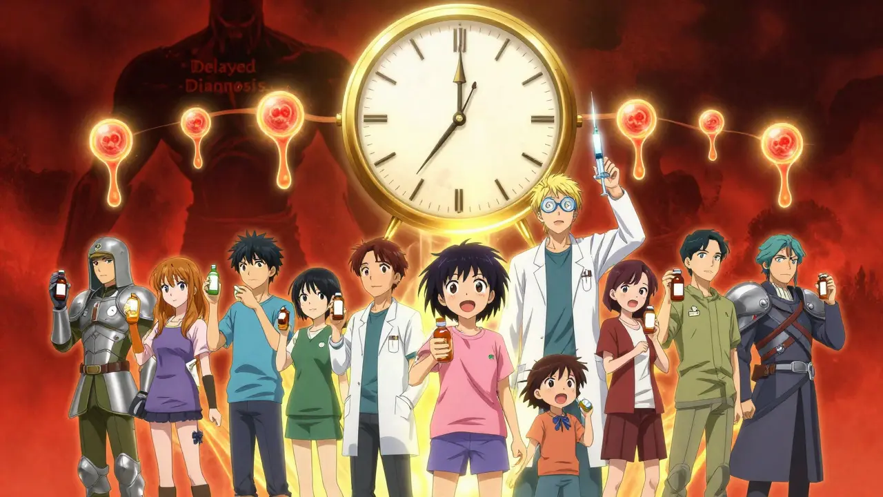 Group of patients holding medication bottles as a golden clock counts down, hematologist raising light-filled syringe against dark threat.