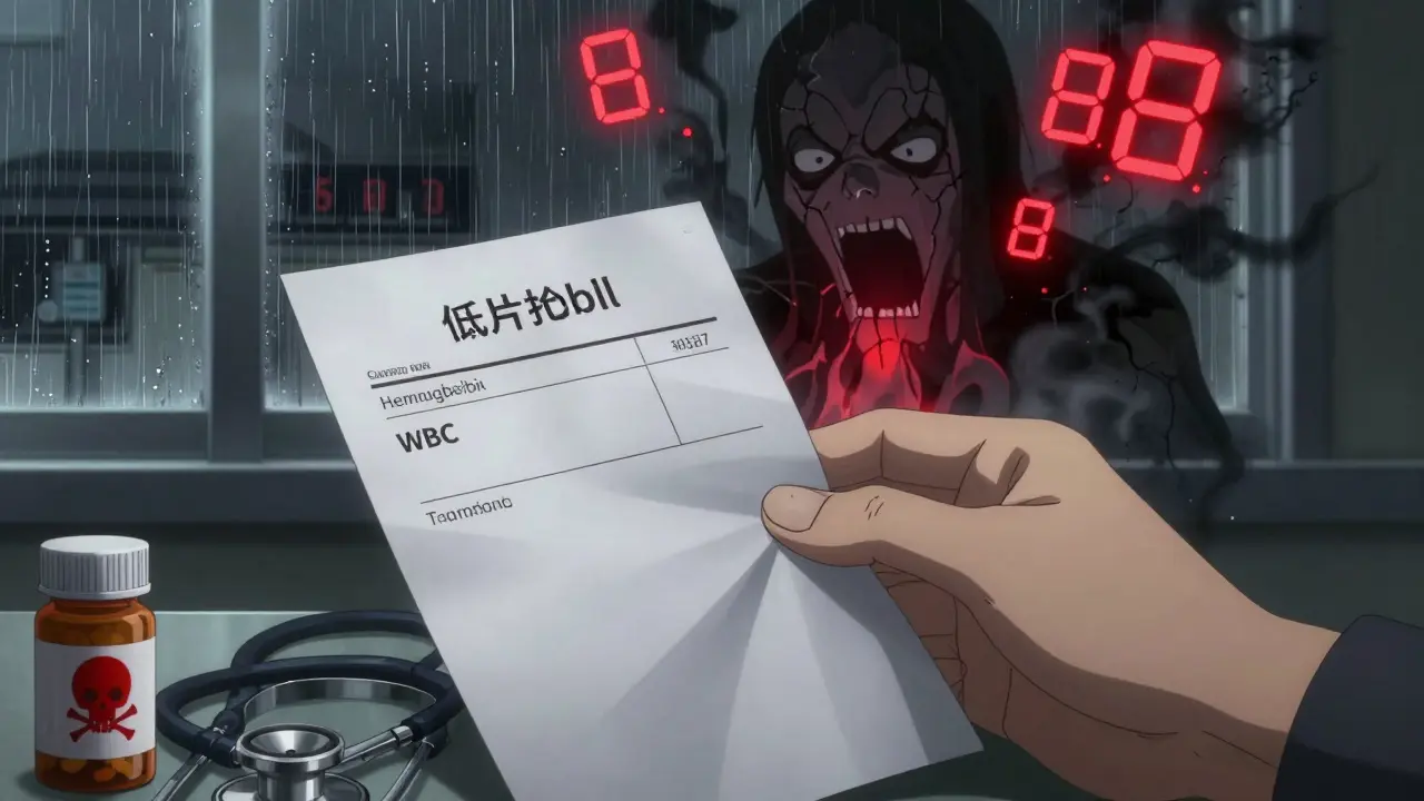 Hand holding blood test with low counts, shadowy damaged bone marrow behind it, pill bottle with warning symbol on table.