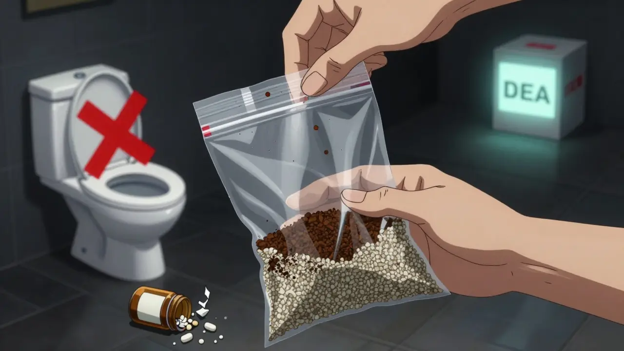 Hand mixing expired pills with coffee grounds and cat litter for safe disposal.