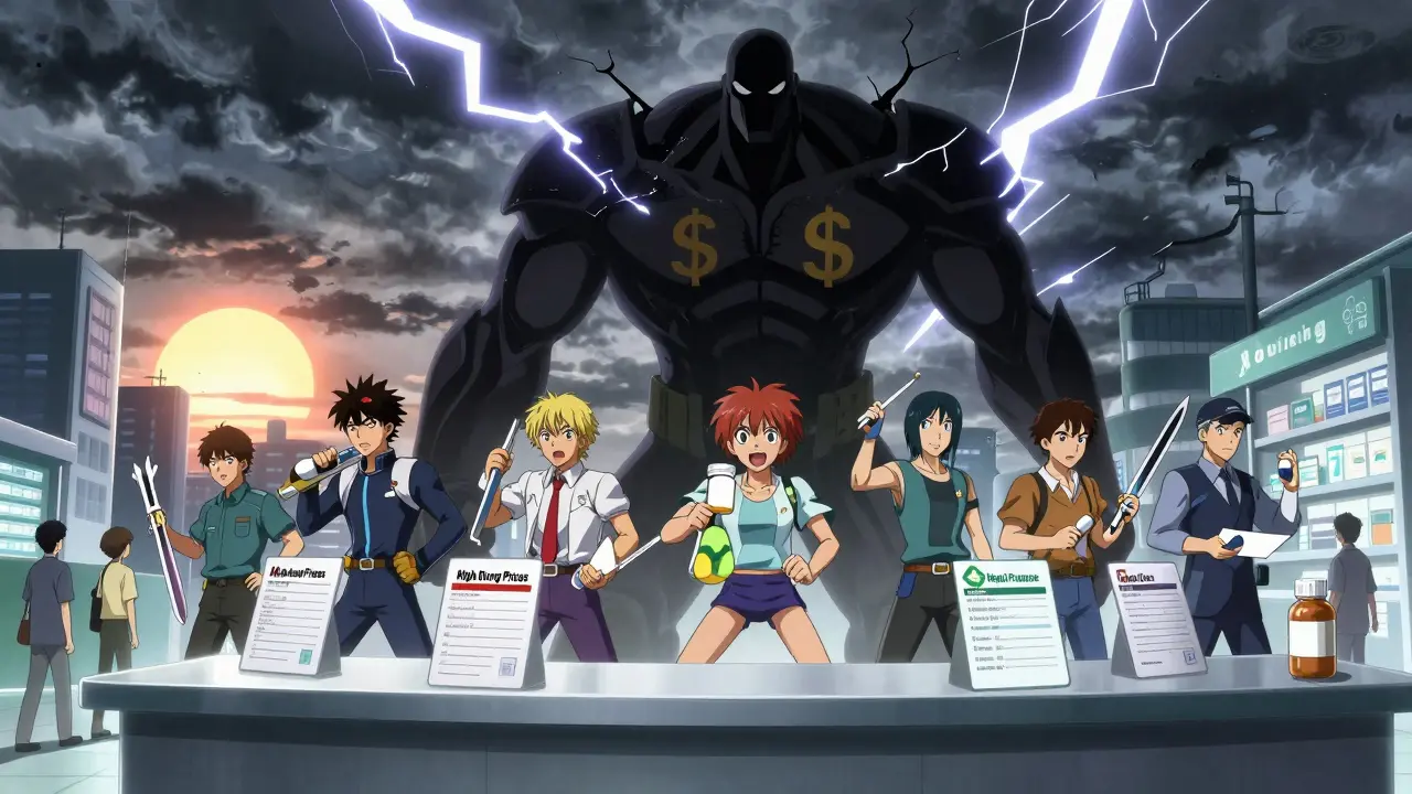 Heroes wielding copay cards and application forms battle a monstrous titan representing high drug prices.