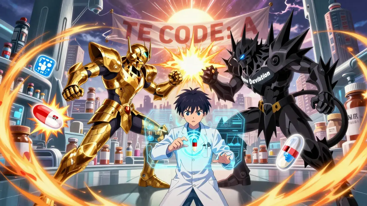 Holographic battle between equivalence and dose deviation warriors, with drug icons exploding in a lab.