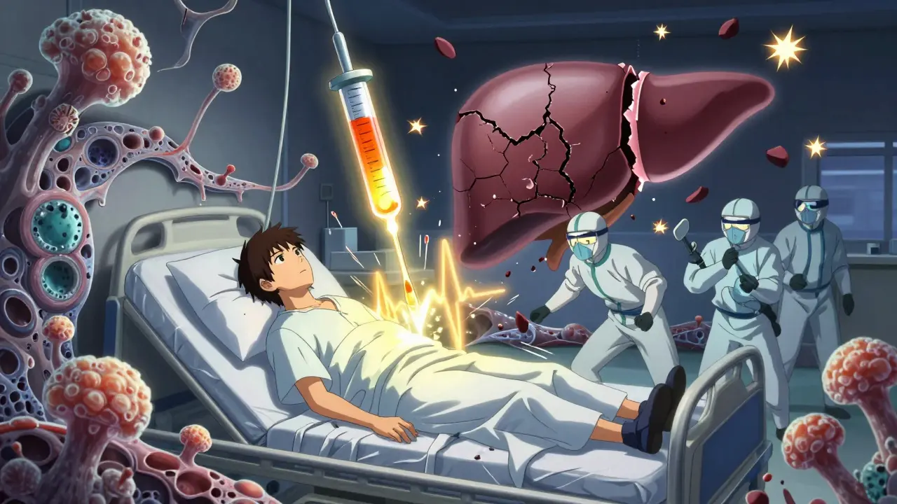 ICU patient surrounded by fungal spores, with echinocandin infusion glowing as golden energy pulses.