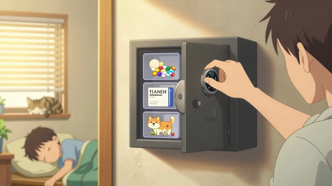 Parent locking a high wall-mounted safe with separate compartments for human and pet medications.