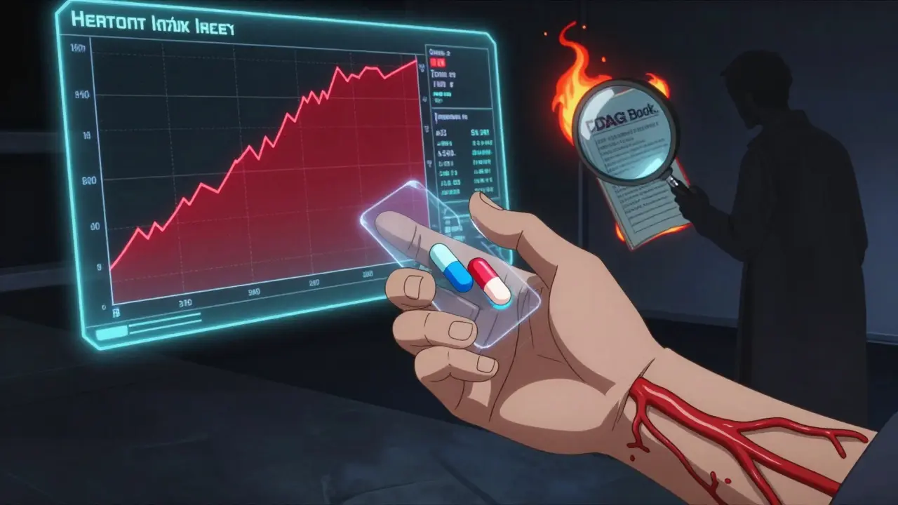 Patient's hand with X-ray view of pills, one stable, one unstable, blood vessels pulsing dangerously.