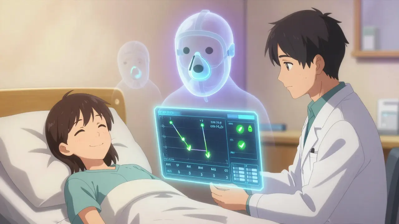 Patient and doctor reviewing floating CPAP data with pressure and AHI improving.