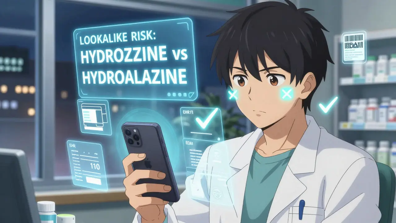 Patient scanning pill bottle with AI app displaying look-alike drug warnings in air.