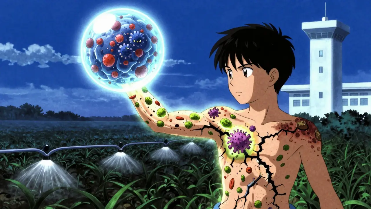 Patient transforming into warrior as new antifungal artifact descends, battling resistant fungi.