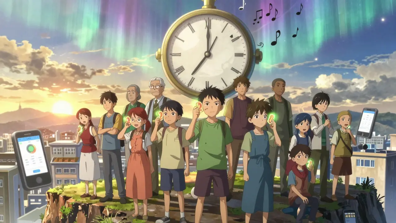 Patients stand on a cliff holding sound-wave ears, with fading frequencies and melting clock symbols representing hearing loss.