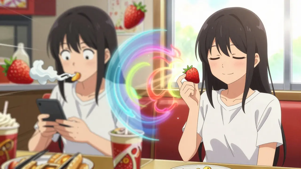 Split scene: chaotic fast eating vs. calm mindful eating with sensory auras around a strawberry.