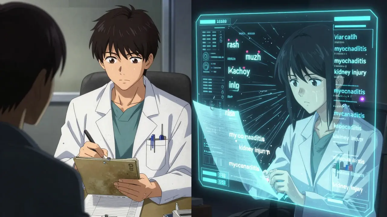 Split scene: outdated paper reporting vs. advanced AI analyzing real-world patient data in real time.