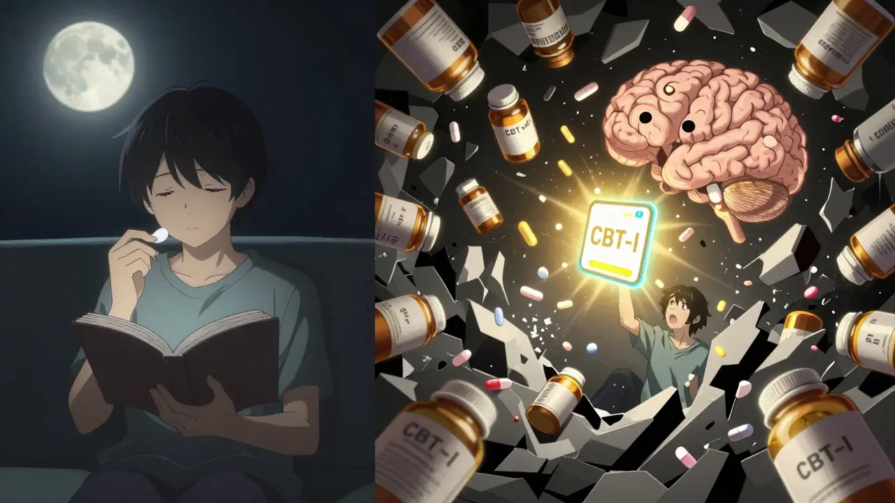 Split scene: peaceful melatonin use vs chaotic pill-induced dream, with a glowing CBT-I app as a beacon.