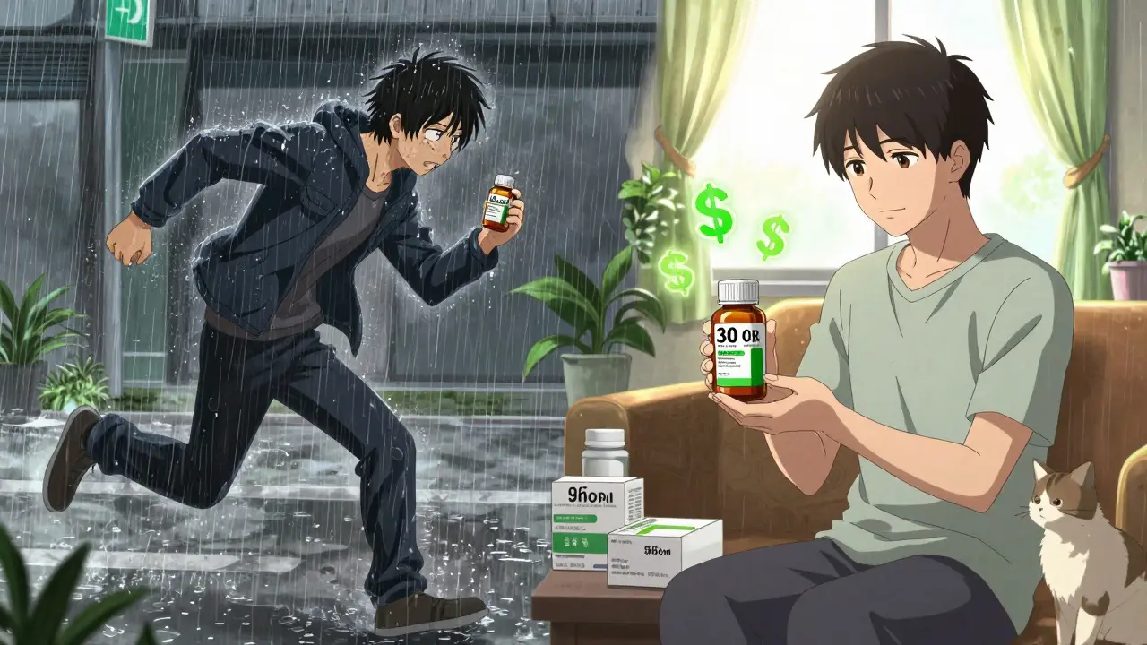 Split scene: person soaked at pharmacy vs. calm at home receiving mail-order medication.