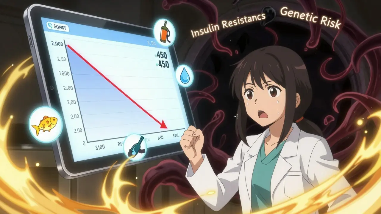 Teen girl watching triglyceride levels drop on a floating tablet, icons of healthy choices glowing around her.